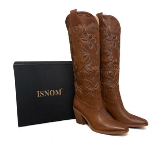 ISNOM Western Knee High Cowboy Boots Embroidered Block Heel Brown US 8 NWB